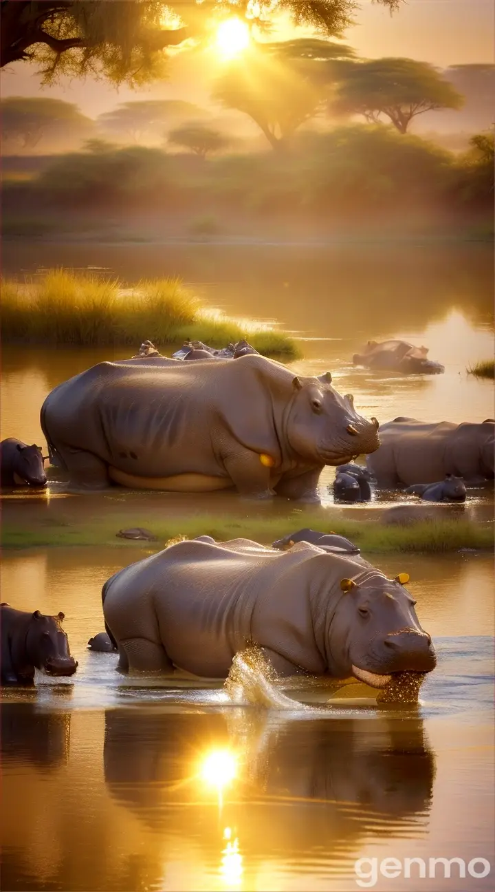 A group of hippos lounging in the sun, using both their sweat and the water to stay cool.