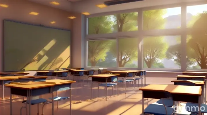 create  3d animation of a inside view of classroom  area and  from windows trees are visible


