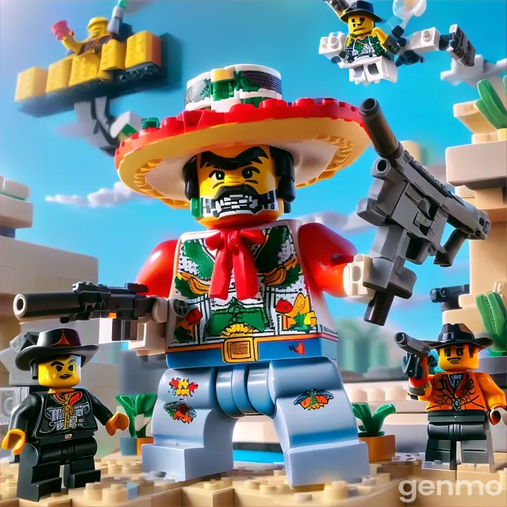 a lego figure with a mexican hat and guns