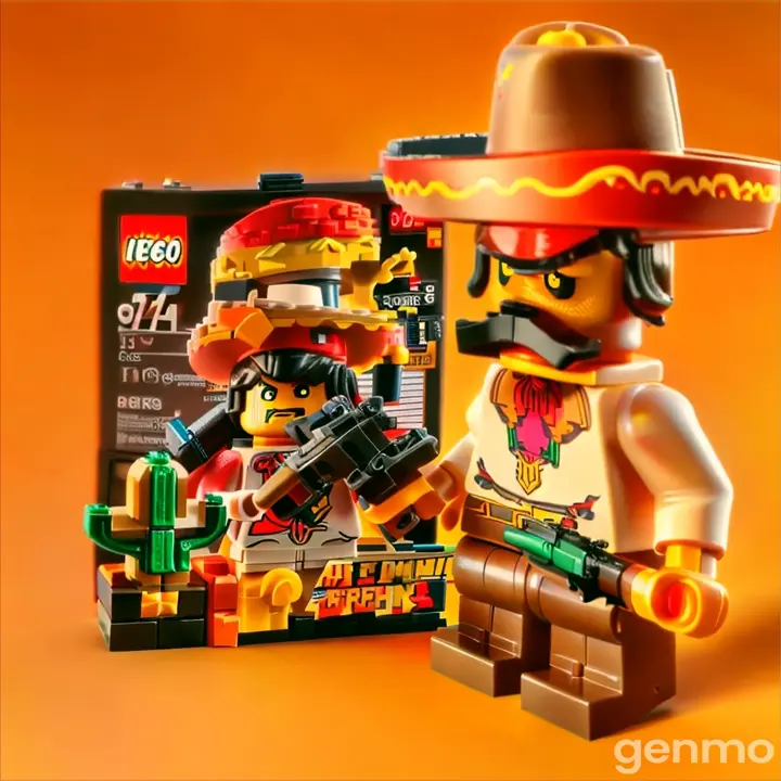 a lego figure holding a toy gun and wearing a sombrero