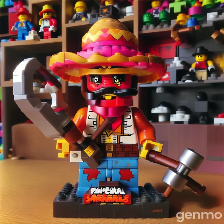 a lego figurine with a mexican hat and a hammer