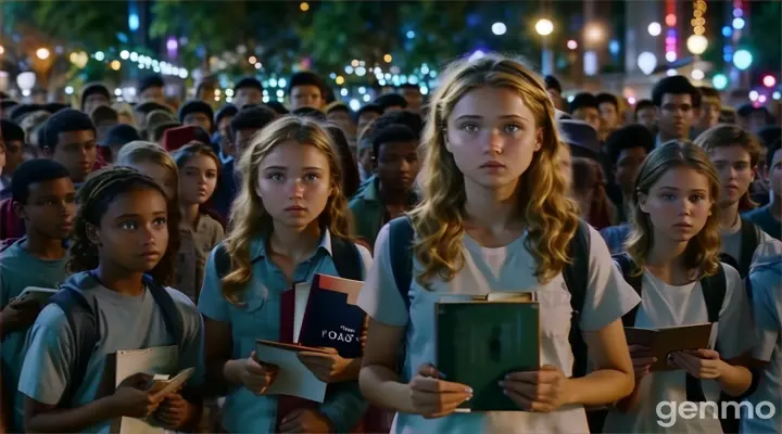 a woman standing with a book in her hands in front of a crowd of people