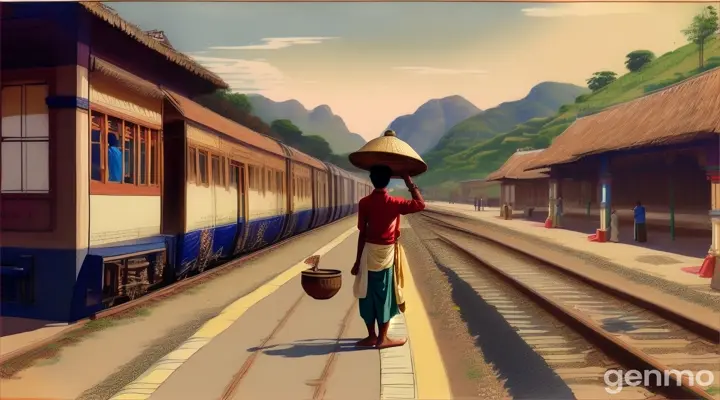 A person in dhoti visits railway station with pot village cartoon 