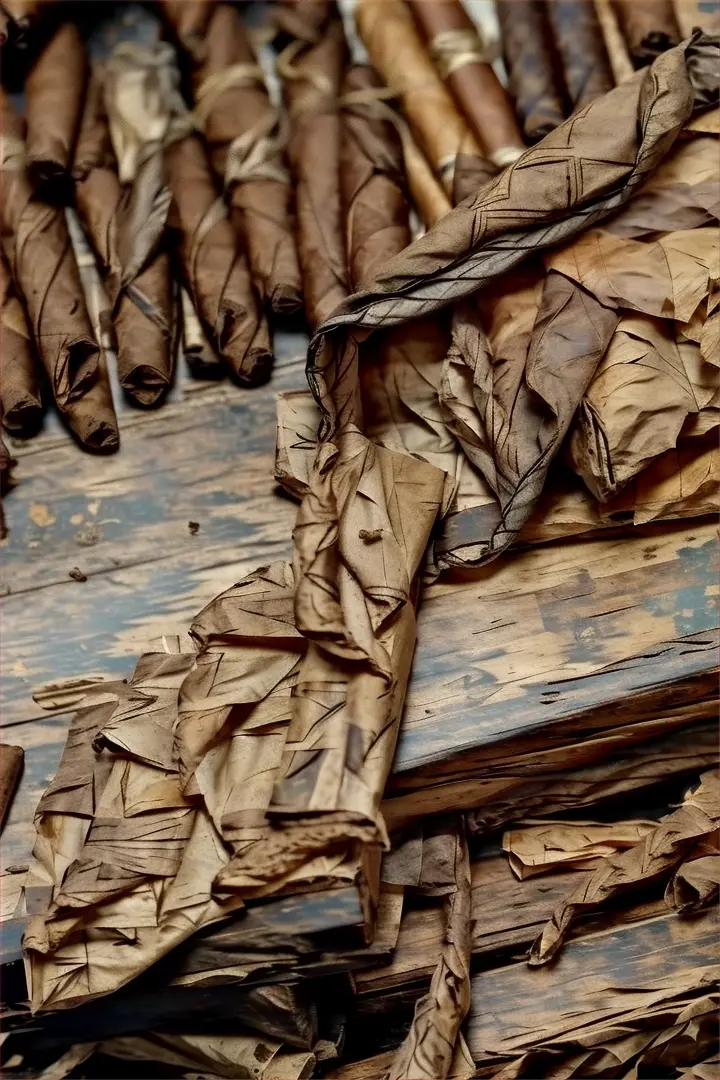 a pile of cigars sitting on top of a wooden table