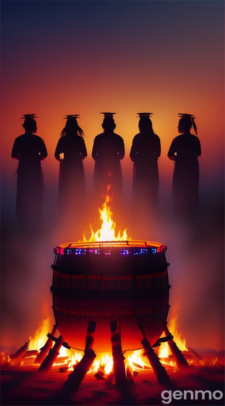 Tribal drum circle around a raging bonfire, dancers silhouetted against the flames.