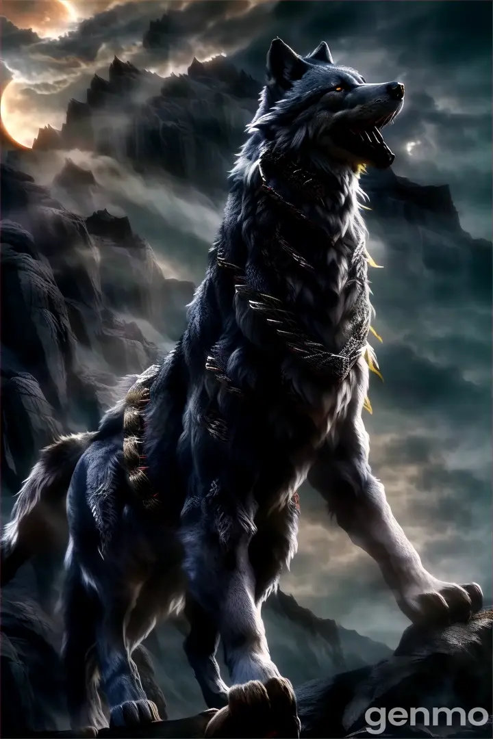 a wolf standing on a rock in front of a full moon, he is evil, and he is swinging his head around to look at me. Behind him the clouds are moving in front of the full moon