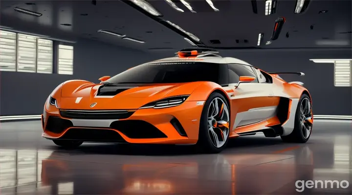 A futuristic Axial Telekinesis flying blob car with white and orange colours. It has double extra size space inside.