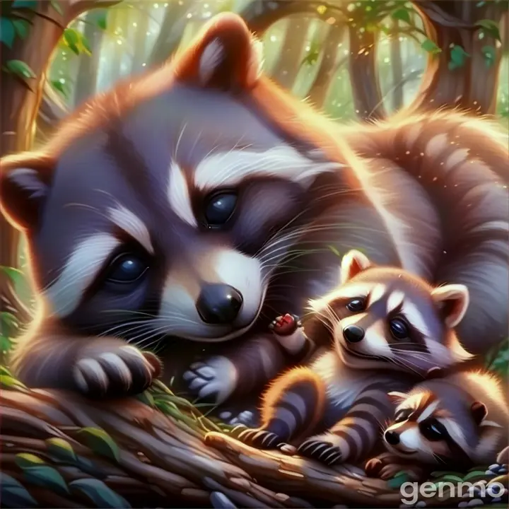 a painting of a raccoon and its baby