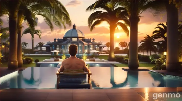 now put guy outside next to his pool reading book on his Dubui Palm House and make sure you can see the city in the backgorund