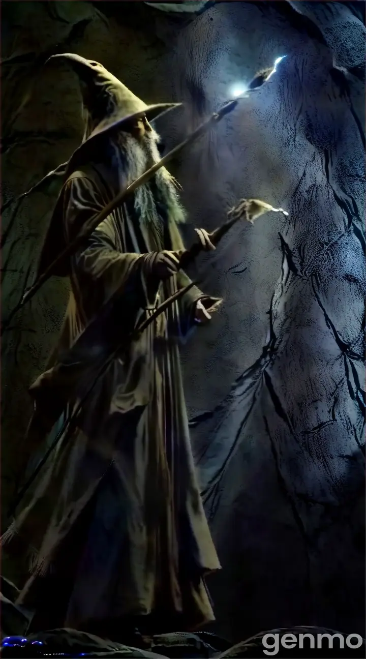 a wizard holding a wand in a dark cave