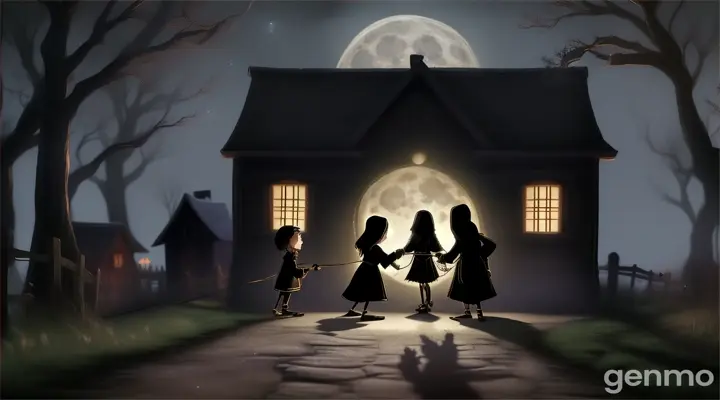 Generate animation video Villagers locking their doors tightly at night, glancing around with fearful expressions, under the glow of a full moon."