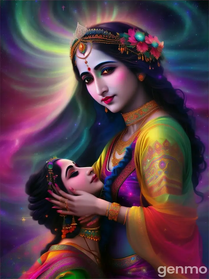 Radha Krishana embracing in a cosmic, star-filled universe with radiant colors