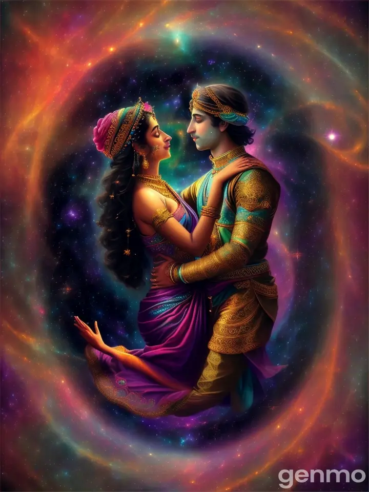 Radha Krishana embracing in a cosmic, star-filled universe with radiant colors