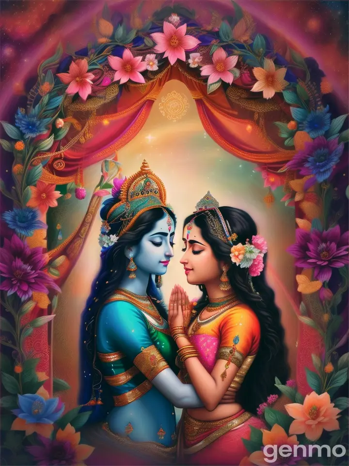 Radha Krishana embracing in a celestial garden, radiating vibrant colors and surrounded by cosmic flora