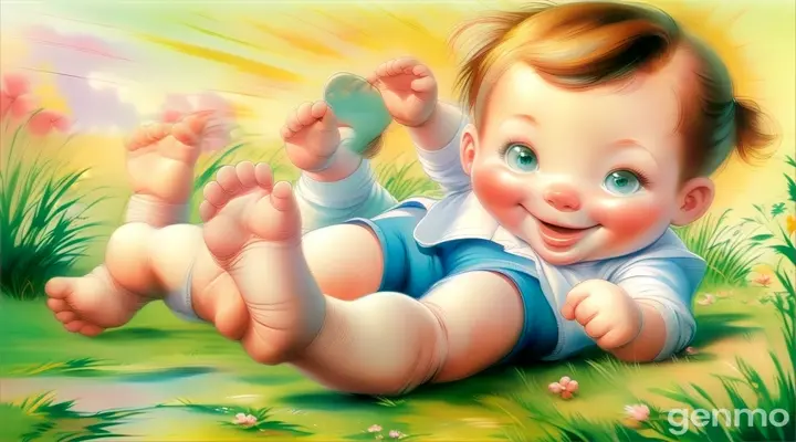 a painting of a baby laying in the grass