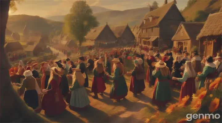 62. **Village Celebration**: Villagers celebrating the end of the witch’s reign, joy on their faces.