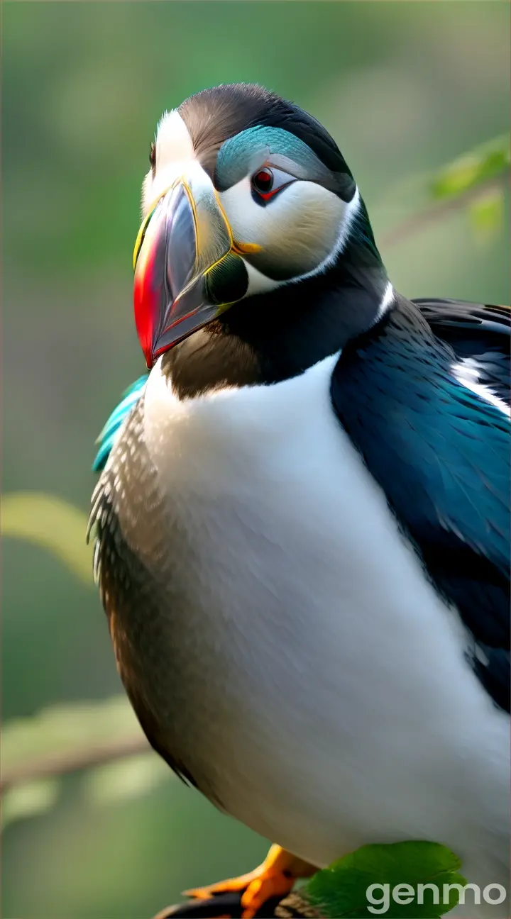 A pure teal Atlantic puffin on a leafy branch of jasmine 