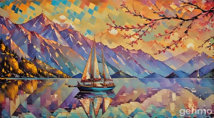 a painting of a sailboat on a lake with mountains in the background, no camera motion