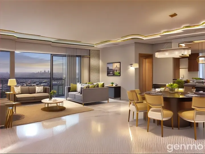 a living room and dining room with a view of the city