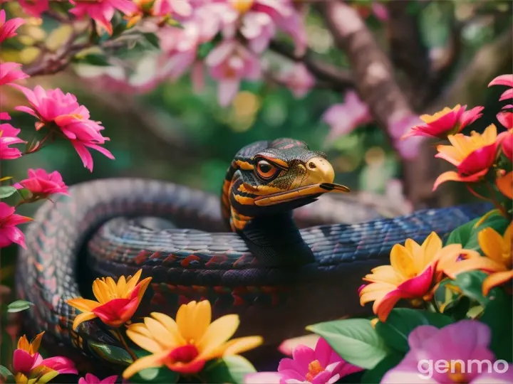 une cobra sur de beaux arbre pleine de belle fleur