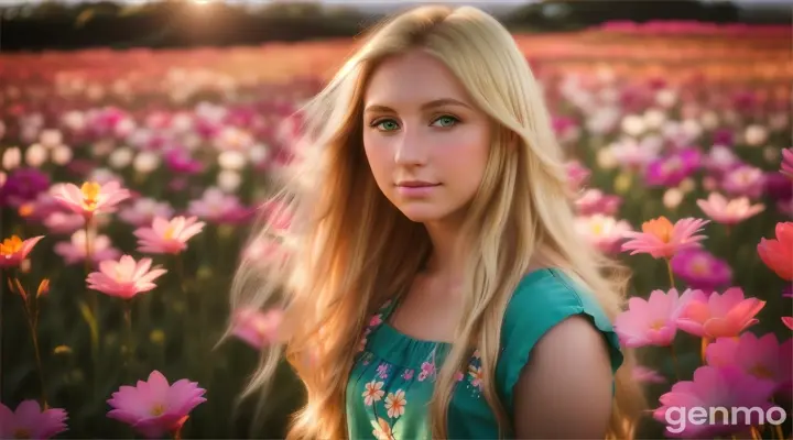 Portrait of a young blonde green-eyed woman of 20 years old against the background of southern flowers of the Hawaiian Islands, long straight hair. In the style of photographs by Nina Masich. Large lens, top quality, high detail of small details. 4K. 16:9