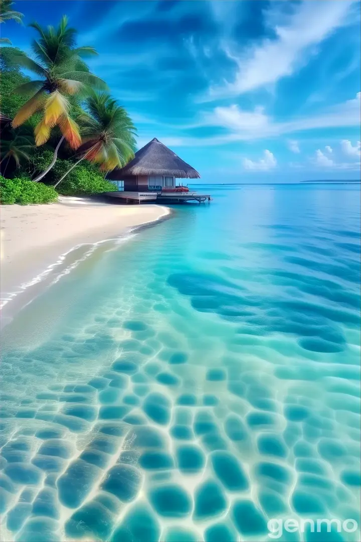 a tropical beach with a hut on the water