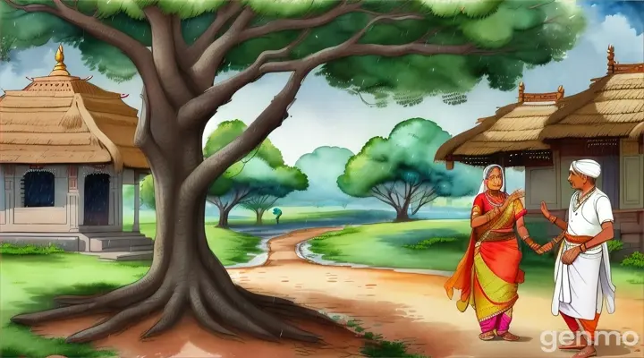 One men in dhoti talking to old women in saree and it's raining outside village cartoon 