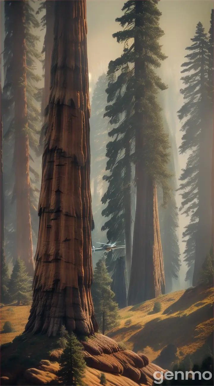 A tourist plane flies below giant sequoia trees