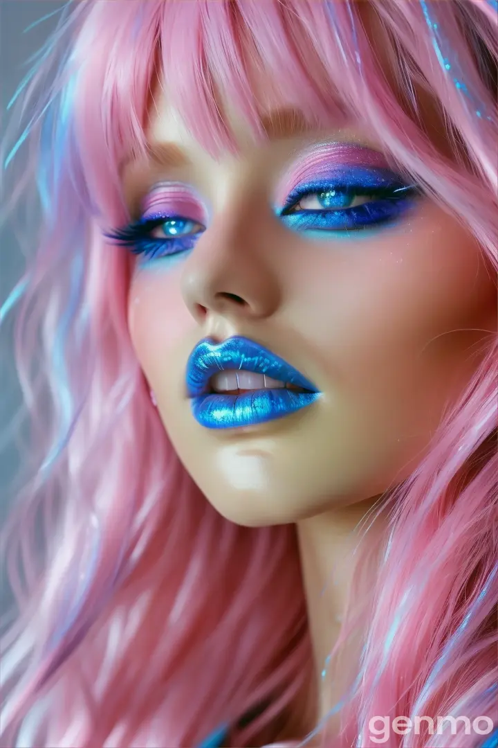 a woman with pink hair and blue makeup