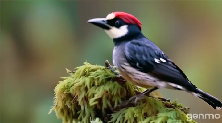 a small bird perched on a moss covered branch