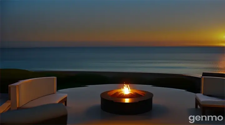 a fire pit sitting on top of a patio next to the ocean