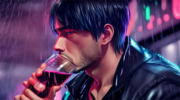 man in black jacket drink a bottle of wine --anime style --background - neon city, heavy rain, rainy night --extreme close-up --dutch ang