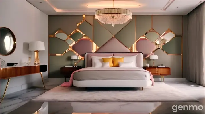 A cinematic view of a minimalist bedroom with a modern touch. It features a low wooden bed with a white silk bedspread, a white and black marble floor, muted pink walls, a stylish yellow armchair, and a sleek green wardrobe. The statement piece is a crystal chandelier that radiates luxury.