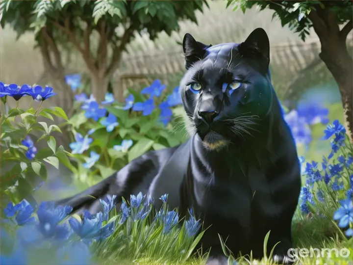 Majestic black panther playing among blue flowers and birds in a garden