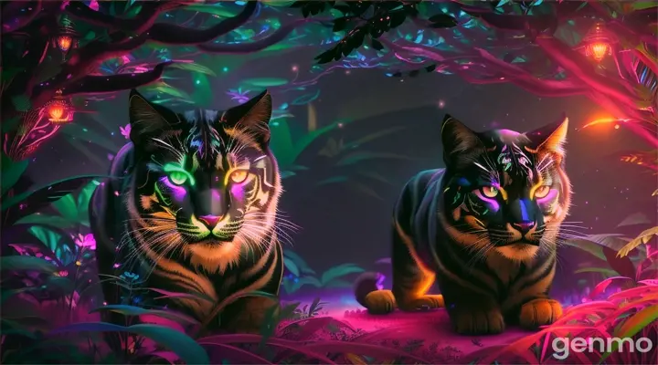 Two black panthers illuminated by glowing, neon flowers in a jeweled-toned forest at night