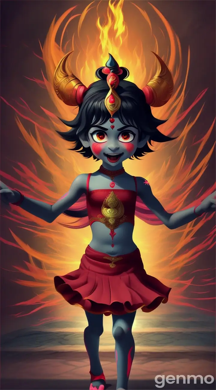 Maa Kali Cartoon story - Little girl Maa Kali is chasing a demon, sfx, VFX, flat cartoon, 9:16 ratio