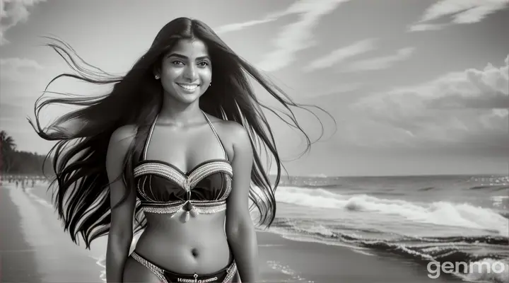 "A stunning Kerala girl wearing a traditional Black and white swim wear, walking gracefully through the Beach., her long, dark hair flowing freely in the coastal breeze. Her serene smile and confident stride make her the embodiment of timeless beauty and cultural richness." 16:9