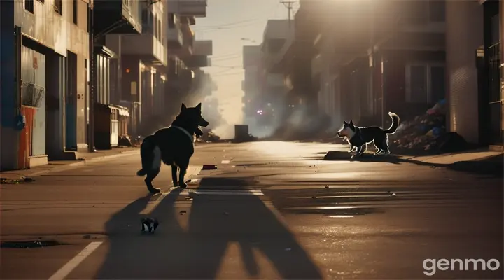 Cinematic, wide shot of a stray dog barking near a garbage pile in an alley, urban neighborhood, early morning light, tension, and urgency -ar 16:9