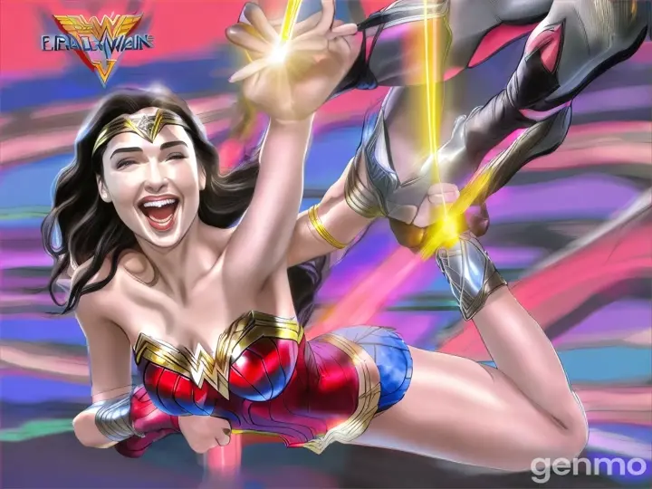 Gal Gadot as Wonder Woman laughling, hair in the air