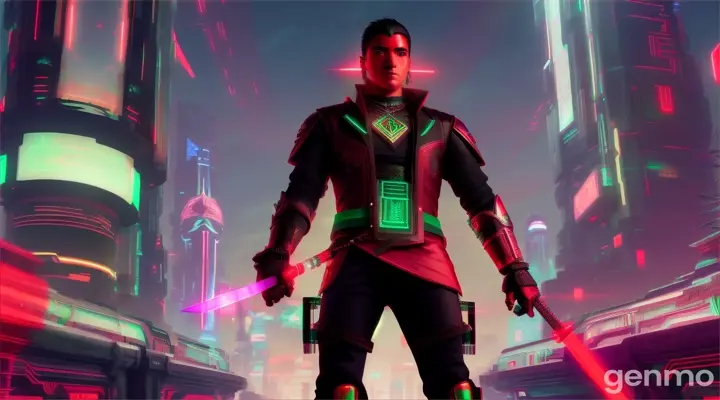 A red and green cyberpunk Aztec warrior, standing with his legs apart, with two glowing clear crystal swords in front of him. The cyberpunk scenery adds a futuristic touch to the assassin's character. Cyberpunk anime art by Nroy95891.