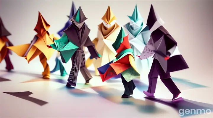 paper origami man walking with many shadows