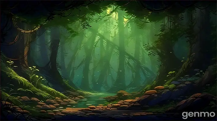 a painting of a forest with a stream running through it