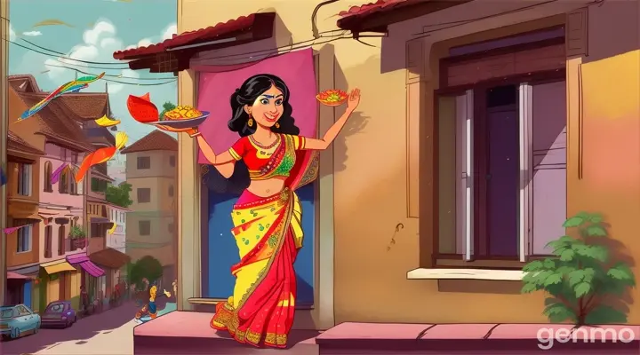 A women in saree throw food outside the window village cartoon 