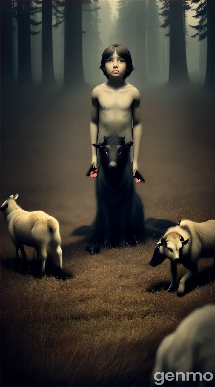 A young boy standing in a dark forest clearing, eyes wide with fear. In the distance, a naked woman crouches on all fours, savagely devouring a goat. She is surrounded by a pack of large, menacing wolves, her eyes glowing faintly as if connected to the pack