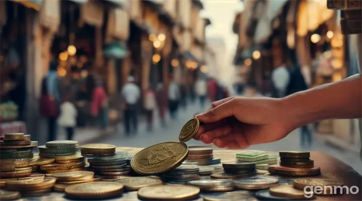 ancient city a man with old coins in his hand