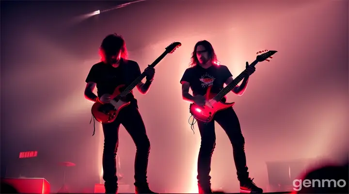 Silhouettes of a metal band play against the backdrop of a crimson, stormy sky in the middle of a lightning storm