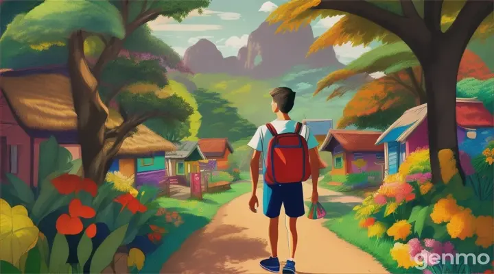 create cartoon images for kids , one Village young man walking with handy bag at jungle and young man has too tired and nearly few houses seen.