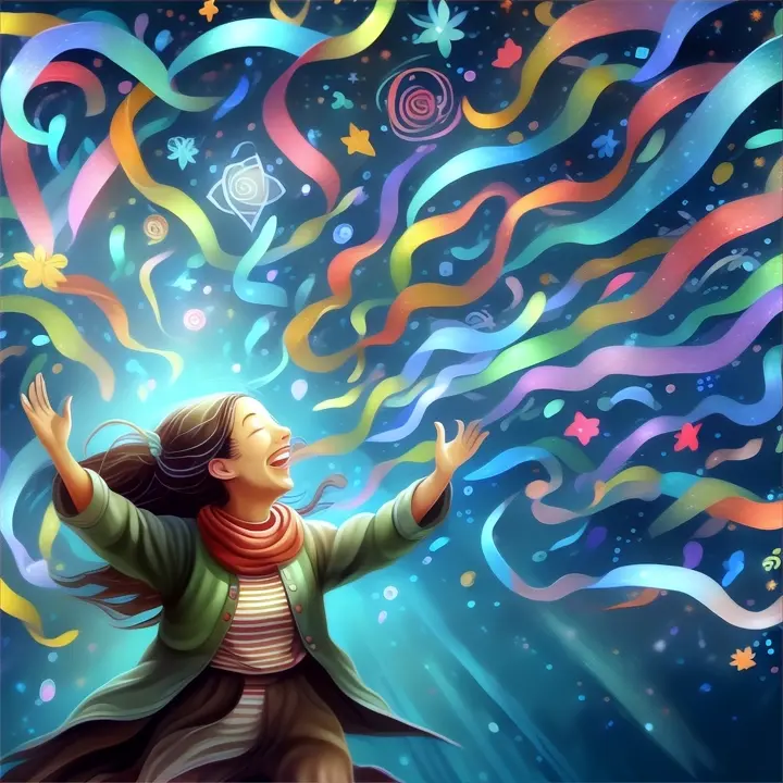 a painting of a woman with her hands in the air