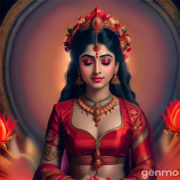 Imagine a Hindu goddess with red saree holding cosmic with bun and hair freely flowing getting worshipped with flowers and fruits at her feet 