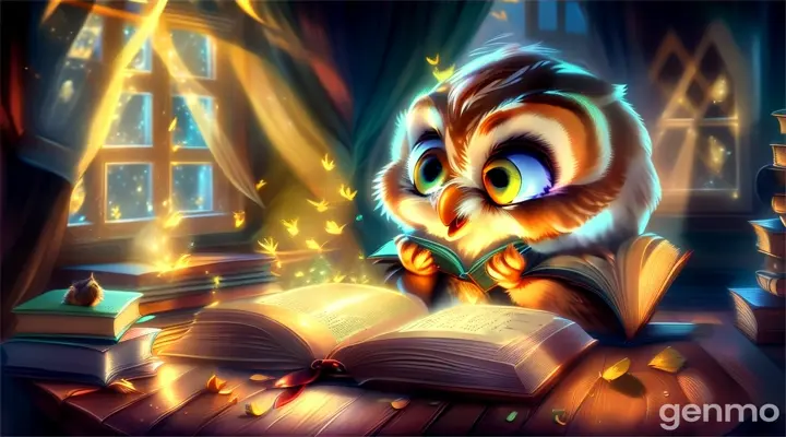 an owl reading a book in front of a window